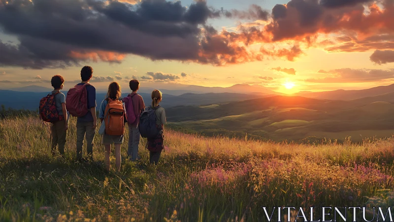 Hiking group observes panoramic sunset over rolling hills