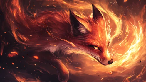 Fiery fox portrait with swirling embers and flames.