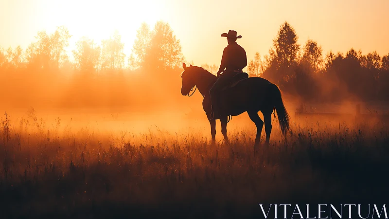 Silhouetted cowboy on horseback stands in hazy orange sunrise