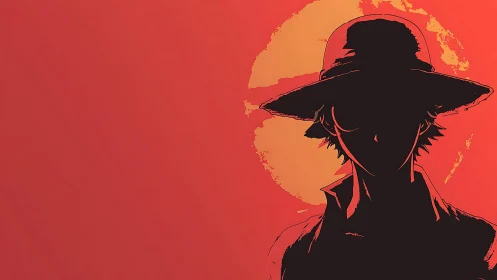 High-contrast cel-shaded silhouette against textured red sun backdrop