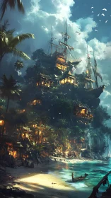 Fortified cliff structure with ships at tropical coast.