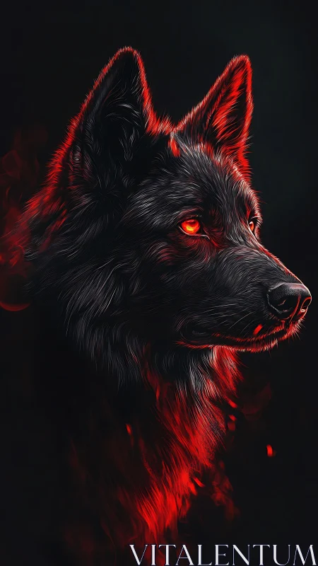 Luminous ember-eyed black wolf portrait with red rim lighting