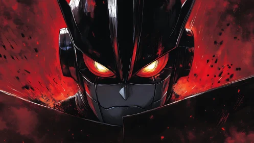 Mecha helmet portrait under infernal red backlighting.