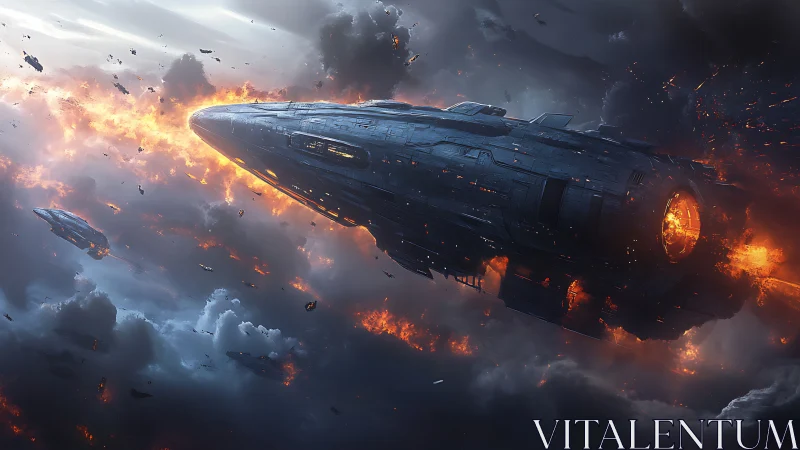 Starfaring dreadnought under thermal breach in nebular combat.