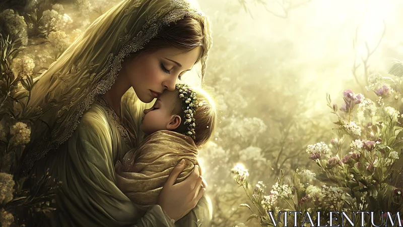 Digital painting of maternal embrace in luminous floral glade.