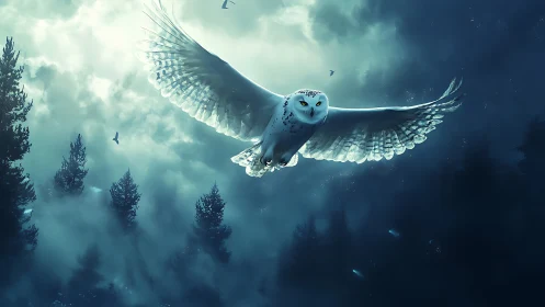 Majestic white owl flying over misty forest at night, digital art.