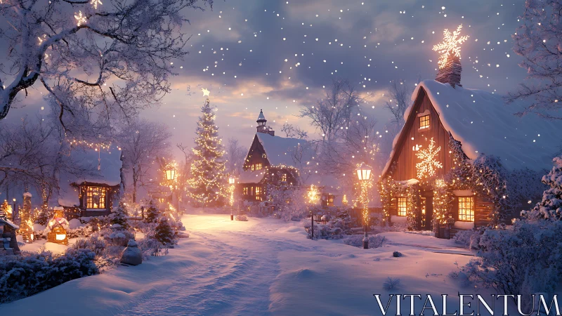 Snowlit cottage lane wrapped in glowing Christmas hush.