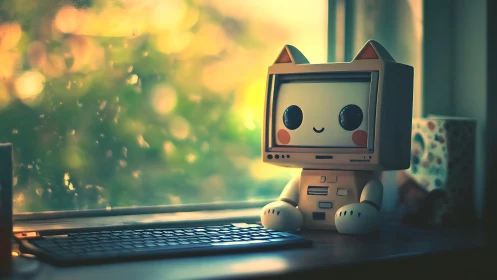 Sunlit cyber kitty computer idol guarding a quiet keyboard.