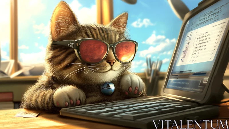 Cyber-Enhanced Feline: Digital Workspace Aesthetics.