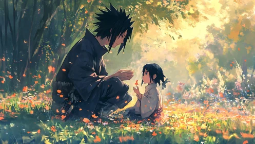 Anime siblings in sunlit forest meadow share quiet moment