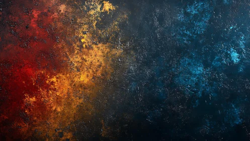 Abstract textured painting with fiery red, gold, and deep blue tones.