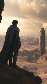 Lone space wanderer watching a silent desert monolith.