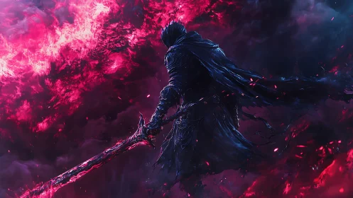 Dark wraith warrior amid erupting crimson nebula flames.