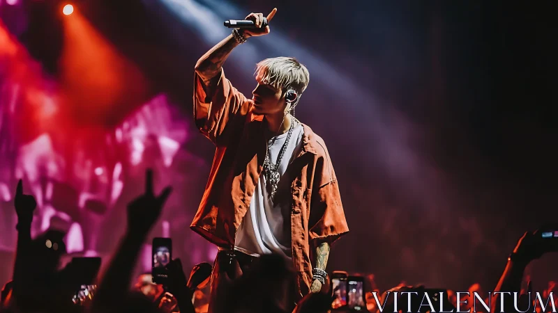 Male vocalist performing on stage under concert lighting.