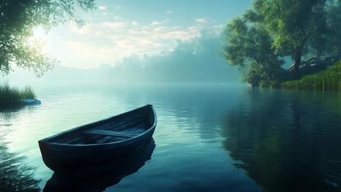 Gentle wooden boat rests on a misty, sunlit lakeshore