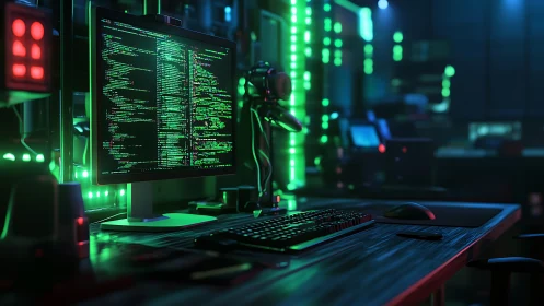 Futuristic coding workstation glows in neon green light.
