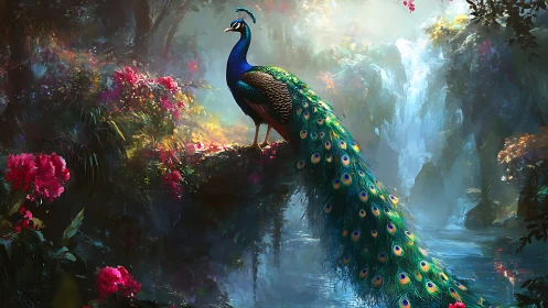 Peacock cascades color across misty waterfall forest