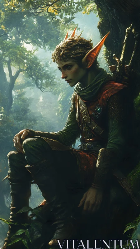 Fantasy digital painting of elven ranger in mossy forest light.