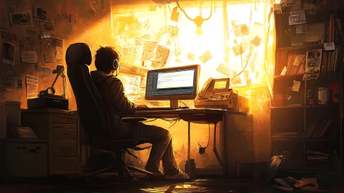 Golden hour coder at a glowing, paper-strewn workspace.