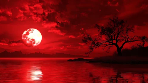 Crimson lunar seascape with silhouetted tree and reflective ripples