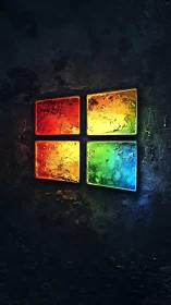 Textured glass quadrants emit neon glow on dark rough surface