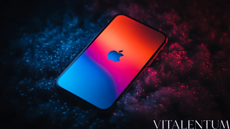 iPhone with gradient display emitting blue and red particle effects.