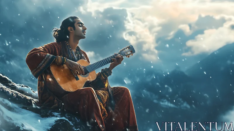 Digital painting of hillside guitarist in atmospheric snowfall.