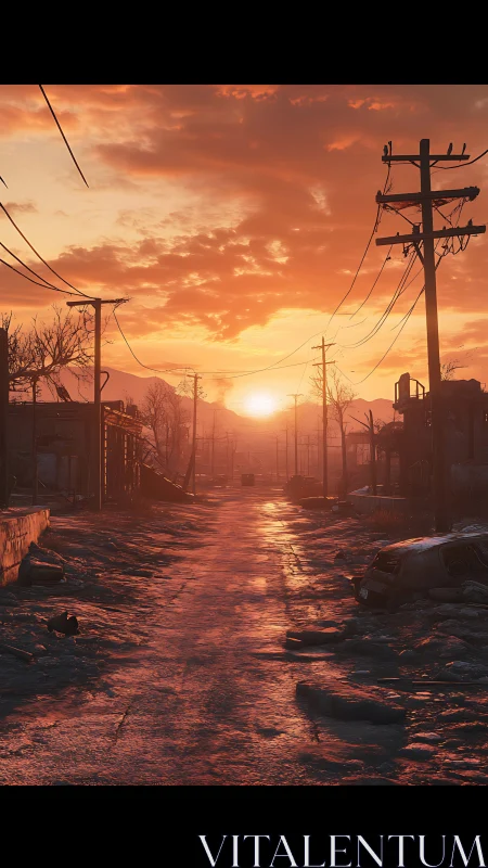Sunlit ruins along frozen post‑apocalyptic roadway at dusk.