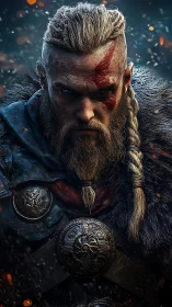 Battle-scarred Viking warrior under embers and frost.