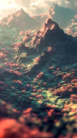 Sunlit crimson valleys winding through dreamlike peaks.