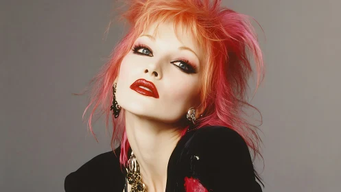 Bold portrait of woman with bright red and pink hair.