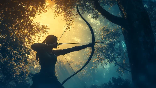 Forest archer poised in glowing twilight, ready to release.