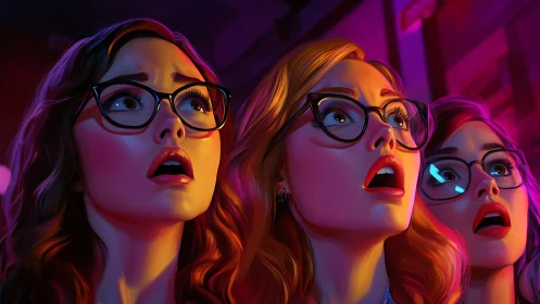 Digital painting portrait triptych of shocked women in neon lighting.