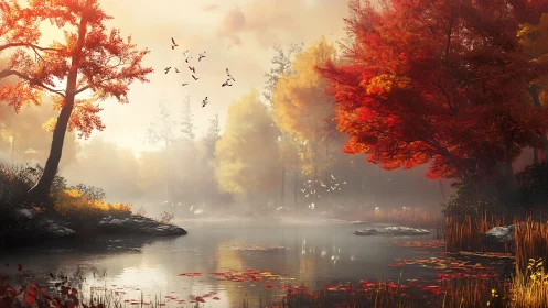Autumn river glows under misty sunrise with crimson trees.