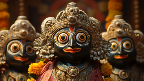 Joyful Jagannath idols glowing in marigold garlands.