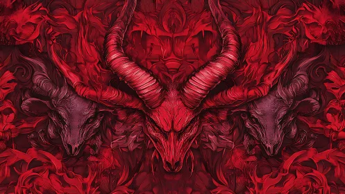 Infernal horned beast emerges from swirling crimson flames