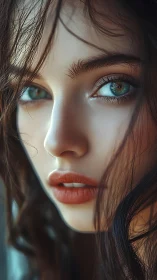 Ultra-detailed close-up portrait with teal irises and soft bokeh