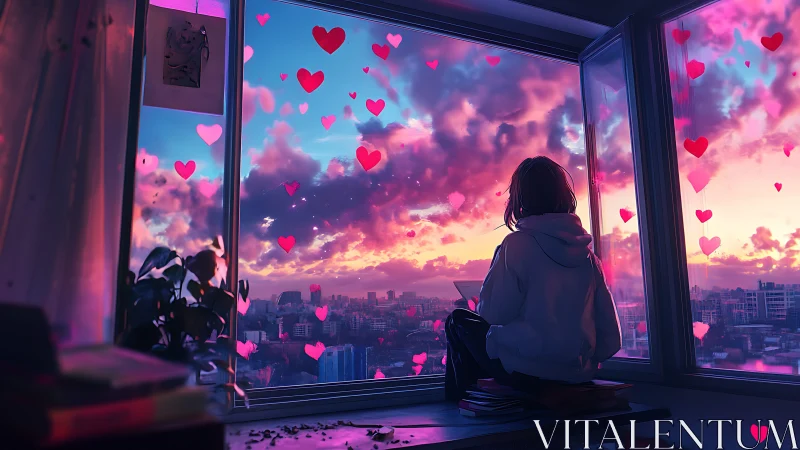 Solo observer at panoramic window in chromatic heartfield.