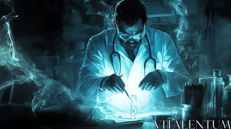 Scientist conducts glowing lab experiment in dark laboratory