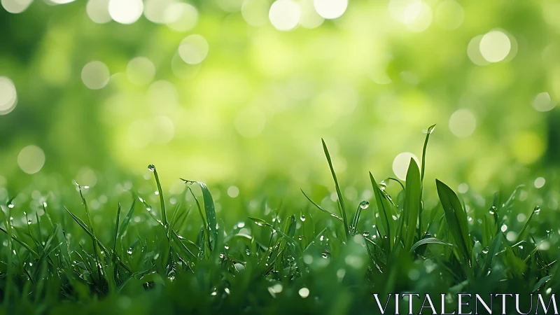 Macro study of dew-coated grass blades with circular bokeh field.