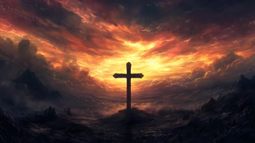Storm-torn skies ignite behind a solitary mountain cross
