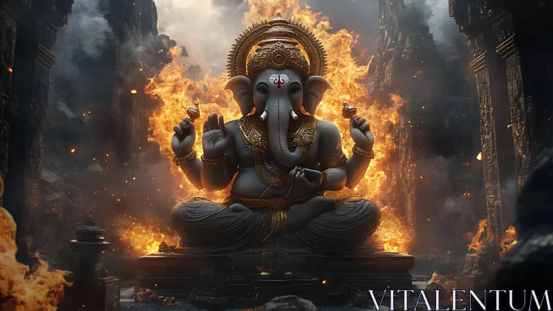 Ganesh statue in ruined stone temple surrounded by flames.