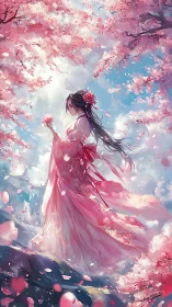 Cherry blossom dreamwalker in wind-tossed silk gardens.
