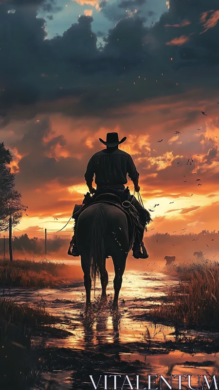 Lone cowboy rides home beneath a glowing western sunset.