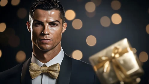 Elegant party guest in gold bow tie holding a gift.