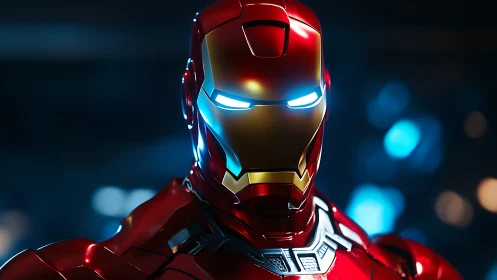 Red armored mech helmet glows with intense cyan light.