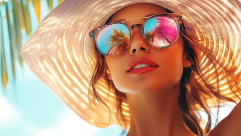 Woman in sunhat with palm reflections in sunglasses.