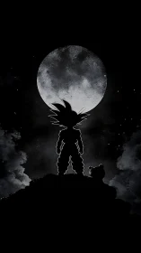 Silhouetted spiky-haired warrior and companion under full moon