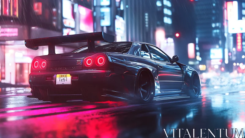 Neon soaked skyline welcomes a sleek sports car at night