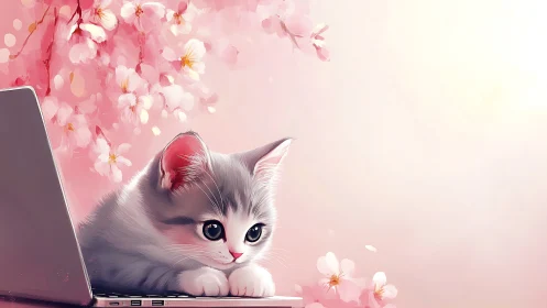 Kitten at Laptop Surrounded by Pink Cherry Blossoms